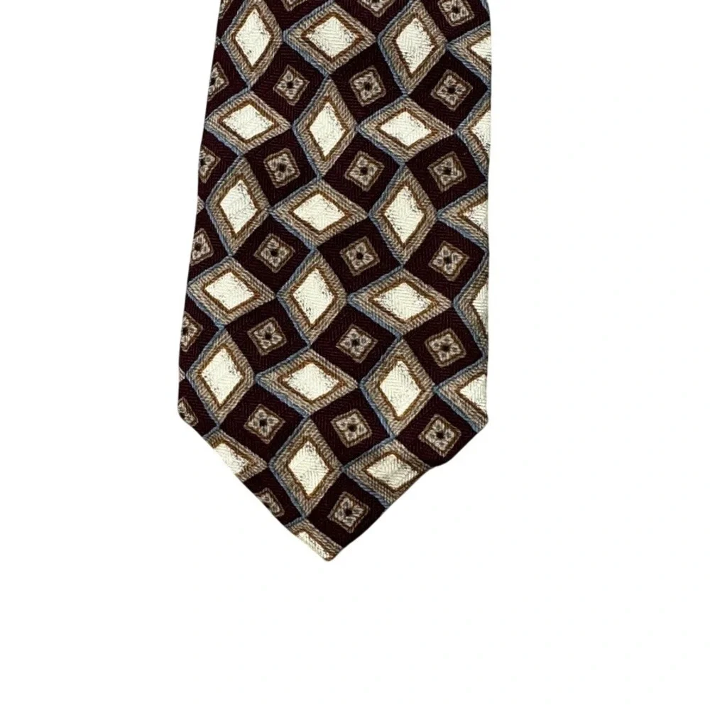 Robert Talbott Mens Silk Tie Burgundy Cream Geometric Diamond Hand Sewn USA